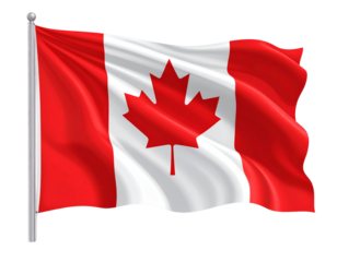 Waving Canadian Flag with Maple Leaf Emblem, Side-Angled Motion, Isolated PNG.