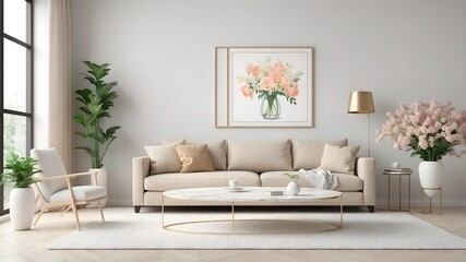 Naklejka premium Living room wall poster mockup. Interior mockup with house background. Modern interior design. 3D render. 3D illustration.