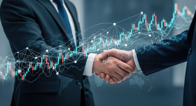 Businessmen shaking hands with financial graph overlay