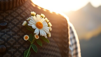 Glowing Swiss lantern with white cross motif, resting on rustic wood with alpine meadow in soft focus.