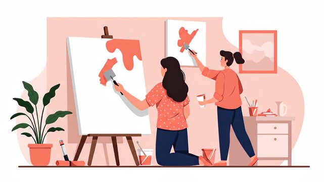 Flat vector two artists are painting together in a studio, expressing their creativity and skills on canvas with colorful paints and brushes, isolated on white background