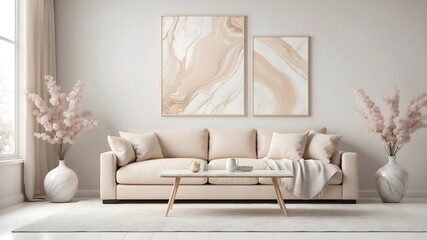 The stylish composition of living room interior with beige sofa with pillow