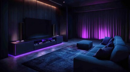 Modern home theater room with purple lighting