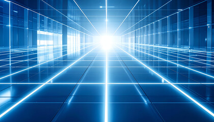 Abstract perspective floor with illuminated tech lines.