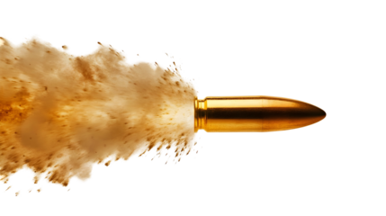 Explosive bullet motion with gunpowder trail on black background