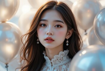 a young woman with cascading brown hair is the central focus, wearing delicate earrings and a white, high collared top made of intricately patterned lace