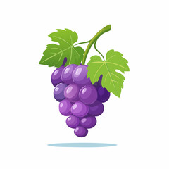 A vibrant bunch of ripe purple grapes with green leaves and a subtle shadow on a white background, perfect for healthy eating themes