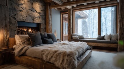 Winter lodge bedroom with faux fur blankets and reclaimed wood beams, amber dimmable fireplace lighting casting flickering shadows, ambient