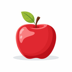 A vibrant red apple with a green leaf and stem is depicted isolated on a clean white background with a subtle shadow