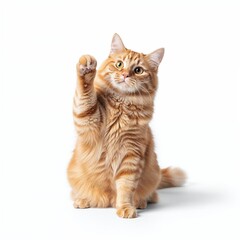 Obraz premium A fluffy orange cat sits on a white background with one paw raised, looking up.