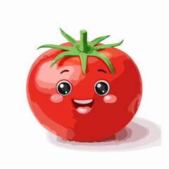 Adorable anthropomorphic red tomato character with a cheerful expression and green leaves against a white background