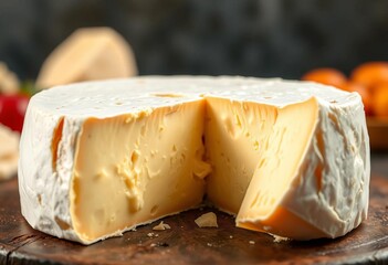 Creamy, ivory Camembert interior exposed after slicing; soft, yielding texture,  dairy product,  interior
