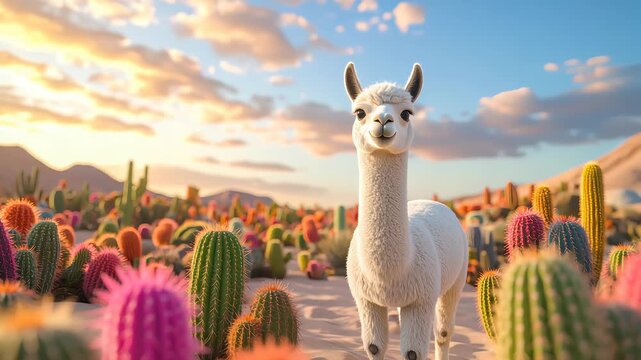 White alpaca standing in desert with colorful cacti at sunset under cloudy sky with distant mountains