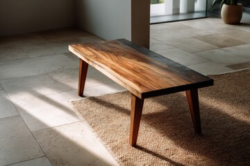Workspace with stone tile floor, black walnut desk in spotlight pool, soft shadows on textured rug, warm grading with