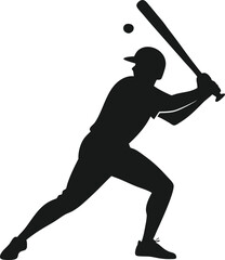 
"Silhouette of a batter swinging a bat high, both feet off the ground, powerful motion."

