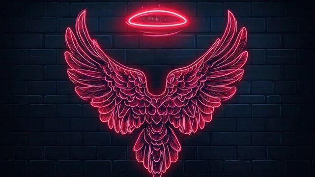 Glowing red neon angel wings and halo artwork on dark brick wall.