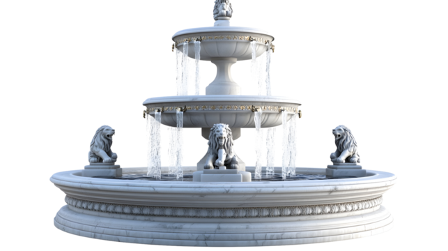 Elegant tiered marble fountain with lions and flowing water sculpture