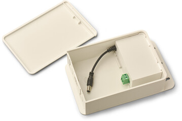 internal components of rectangular power supply unit for cctv camera isolated white background, AC...