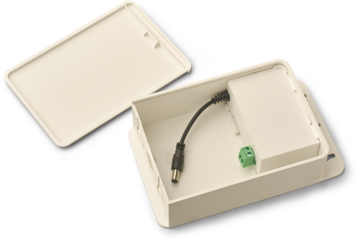 internal components of rectangular power supply unit for cctv camera isolated white background, AC to DC converter for powering security cameras and surveillance equipment