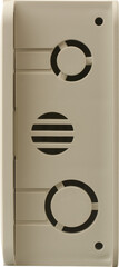 beige plastic surface with cut out for cable entry and organization isolated white background, slotted openings and partial circles cut outs