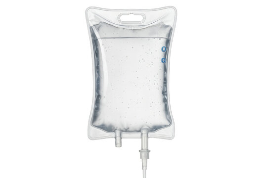 Medical iv drip bag hanging, delivering clear saline solution against transparent isolated background