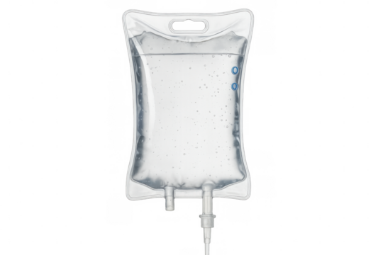 Medical iv drip bag hanging, delivering clear saline solution against transparent isolated background