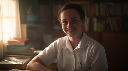 Obraz premium Female student in uniform, soft classroom light with blurred bookshelf in the background.