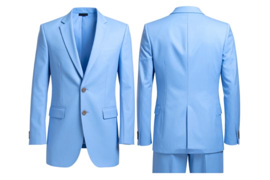 Powder Blue Classic Suit with One-Button Blazer and Structured Straight Pants, isolated on transparent background