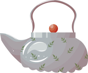 Kettle and cup of tea with spoon. Cozy home, drink, breakfast concept. Vector illustration isolated on white background.