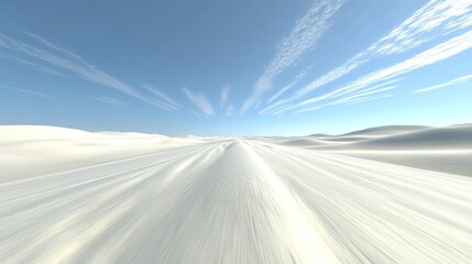 A seemingly endless, white road stretches across a vast, sandy desert under a bright blue sky with wispy clouds. The perspective suggests speed and a journey into the unknown