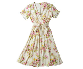 Elegant floral print midi dress with a flattering wrap silhouette on transparent background
