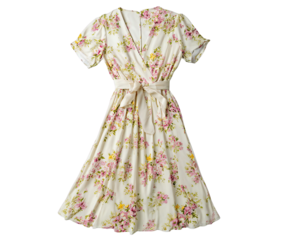 Elegant floral print midi dress with a flattering wrap silhouette on transparent background