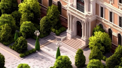 Naklejka premium Elevated view of a stately building's landscaped courtyard