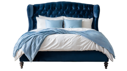 Elegant tufted blue velvet bed with light blue blanket on white sheets on transparent background