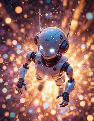 Fototapeta premium the image features a stylized, humanoid robot floating amidst a dazzling array of colorful lights and sparkles