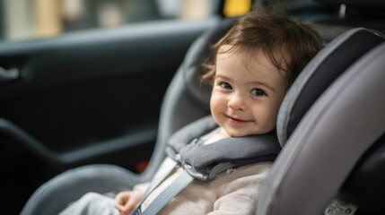 Happy smiling baby sitting in car seat, enjoying safe ride with joyful expression. cozy interior of vehicle adds to warmth of this delightful moment