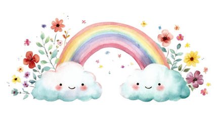 Watercolor rainbow with cute smiling clouds and flower details, magical and whimsical design on transparent background