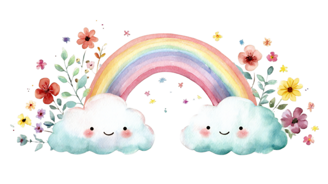 Watercolor rainbow with cute smiling clouds and flower details, magical and whimsical design on transparent background