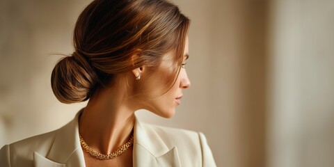 Elegant Woman in Cream Blazer with Soft Focus

