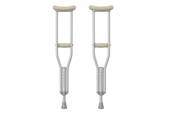 Metal crutches featuring ergonomic beige handles, standing vertically on transparent surface, supporting mobility for users