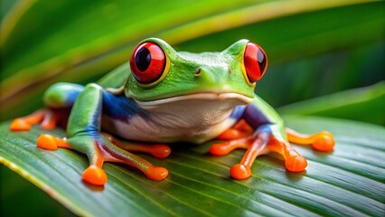 Fototapeta premium A vibrant redeyed tree frog rests on a lush green leaf