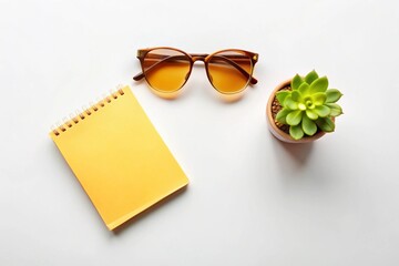 Stylish brown sunglasses, a yellow notebook, and a small green succulent plant arranged on a clean white background