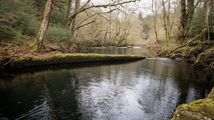 Serene river scene with moss-covered log acting as a natural dam, reflecting the overcast sky and surrounding trees