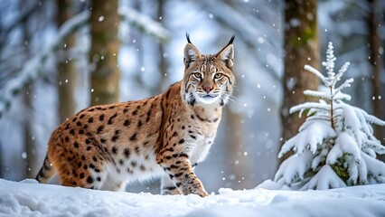Fototapeta premium A lynx walks through a snowy forest with trees in the background