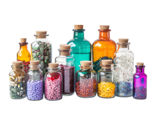 Colorful assortment of jars filled with various substances on white background, PNG
