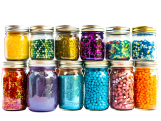Colorful assortment of jars filled with various substances on white background, PNG