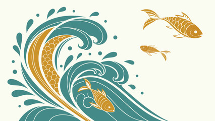 Ocean wave art with golden fish swimming illustration vector design template for sea life and nature lovers
