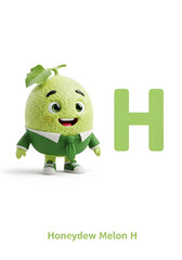 A cartoon of a smiling honeydew melon character with the letter H next to it. It is a playful and educational image, the character is personified with a green suit.