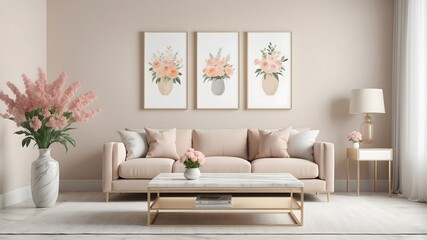Living room with three vertical frame mockups, light sofa and interior decoration with ornamental plants, lamp and basket stock photo