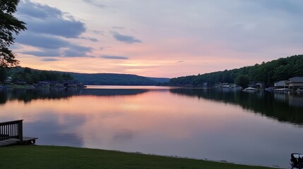 Serene lake sunset reflecting vibrant colors in a calm waterscape, with houses and trees lining the shore